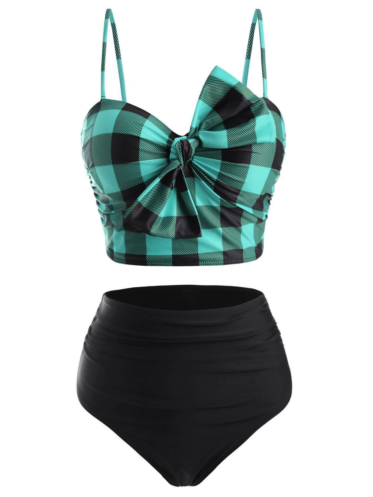 Unique Plaid Bowknot High Rise Tankini Swimwear  