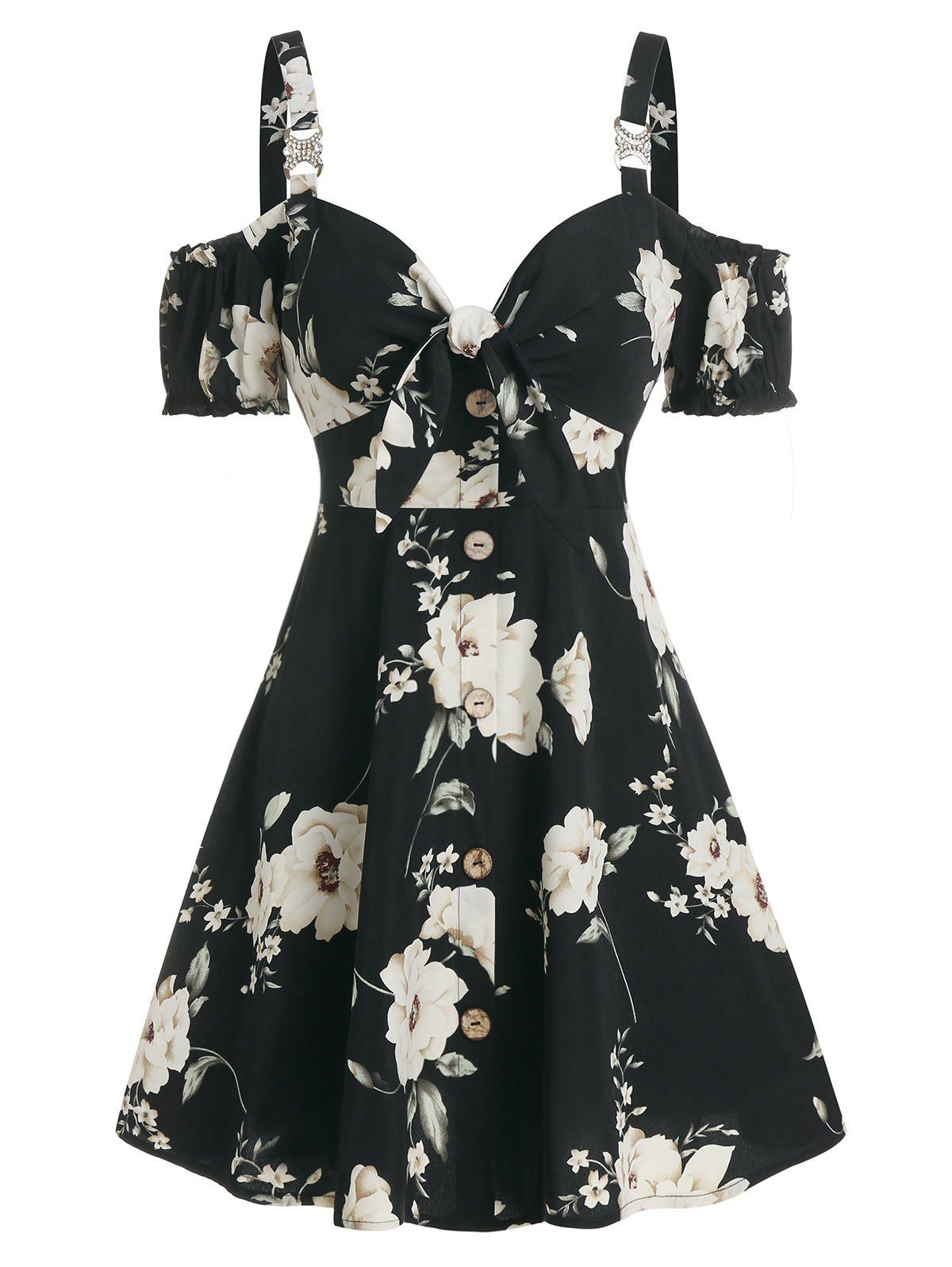 

Floral Print Cold Shoulder Mock Button Dress, Black