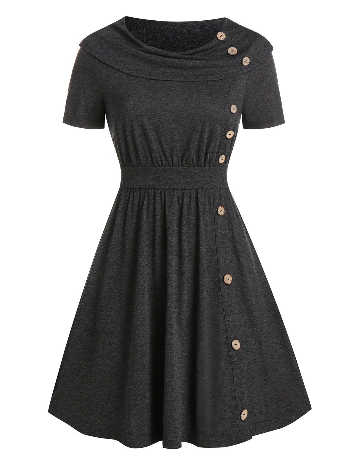 

Mock Button Cowl Neck Mini A Line Dress, Dark gray