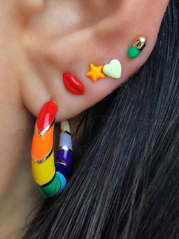 

Colorful Open Hoop Earring And Star Lip Stud Earring Set, Gold