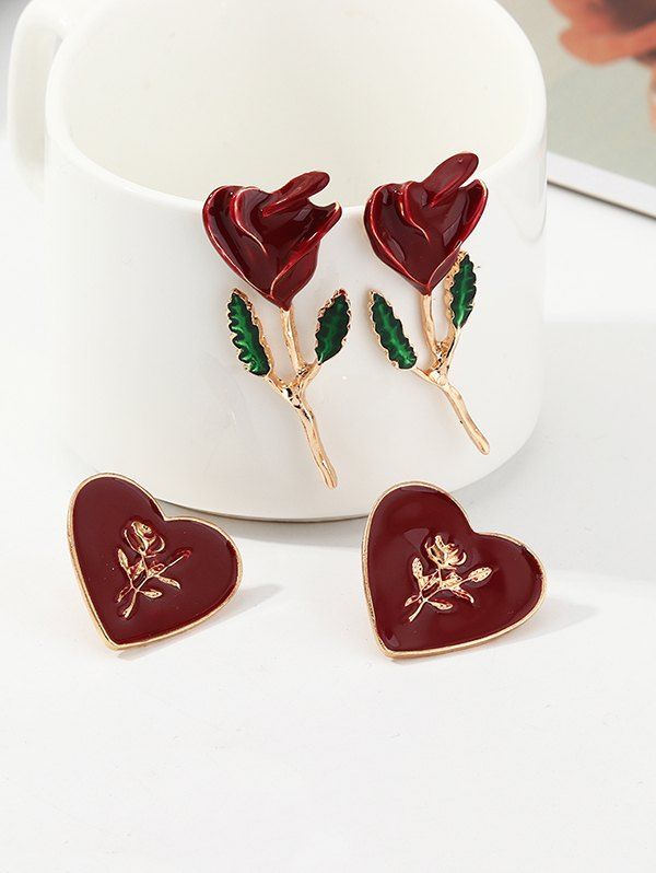 

Rose and Heart Shape Earrings Set, Red