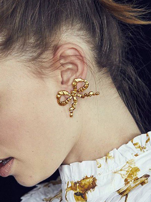 

Crinkle Pattern Bowknot Shape Stud Earrings, Gold