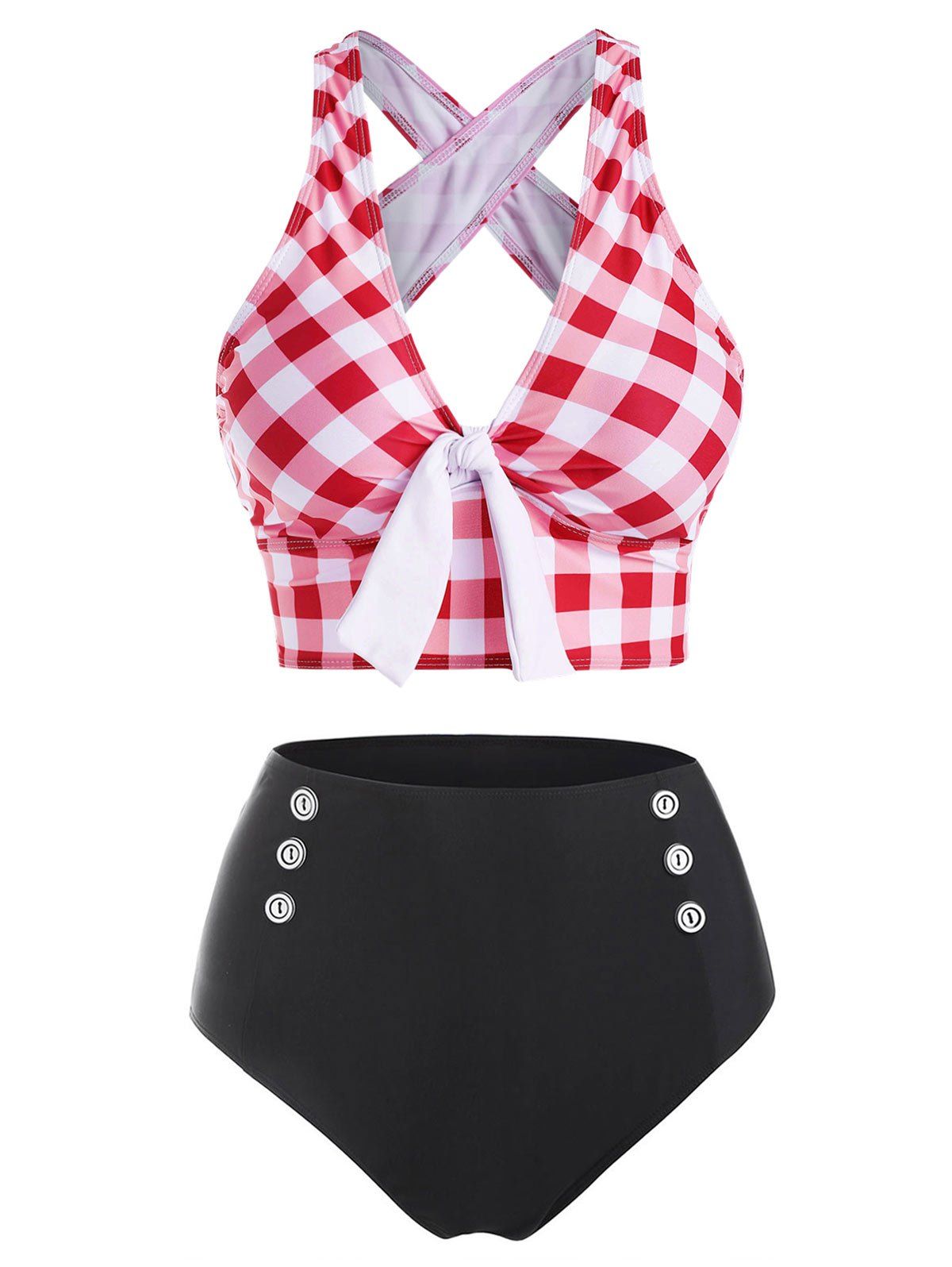 

Checkered Criss Cross Tied Button Embellished Tankini Swimwear, Red