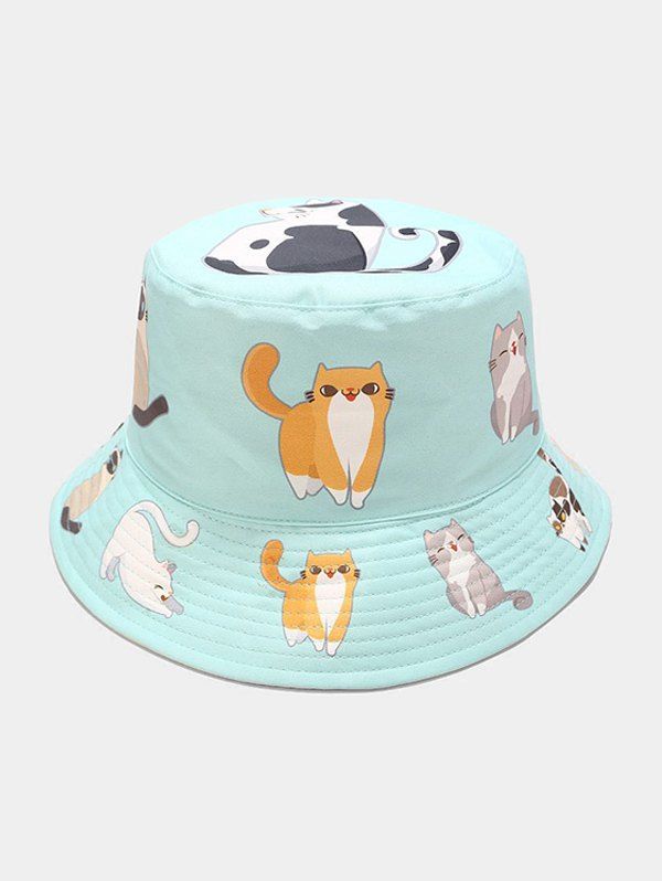 

Cartoon Kitty Print Sun Bucket Hat, Light blue