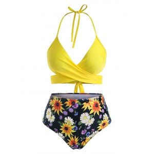 

Plus Size Crisscross Floral Print Wrap Bikini Swimwear, Corn yellow