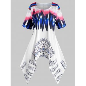 

Plus Size Feather Printed Irregular T-shirt, White