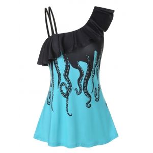 

Casual Octopus Print Ruffled Tank Top, Medium turquoise