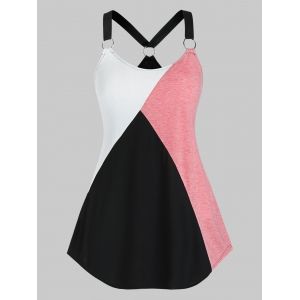 

Plus Size Colorblock Ring Linked V Back Tunic Tank Top, Multi