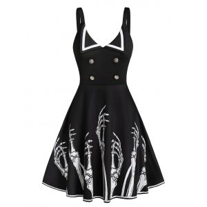 

Hand Skeleton Print Mock Button Mini Cami Dress, Black