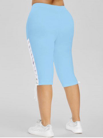

High Waisted Lace Up Side Plus Size Capri Pants, Sea blue