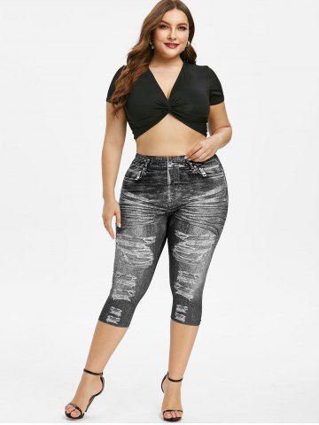 

Plus Size 3D Denim Print Capri High Rise Jeggings, Black