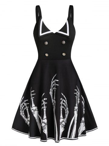 Hand Skeleton Print Mock Button Mini Cami Dress - BLACK - M