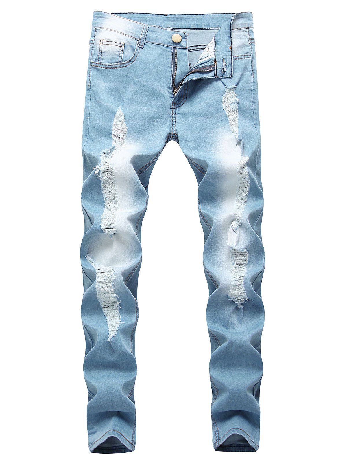 

Distressed Stitching Destroy Wash Jeans, Light blue