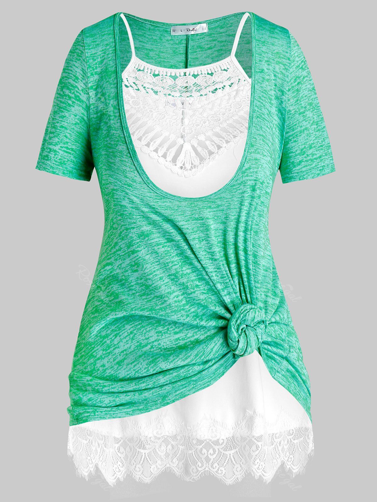 

Plus Size Front Knot Marled Tee and Cami Top Set, Clover green