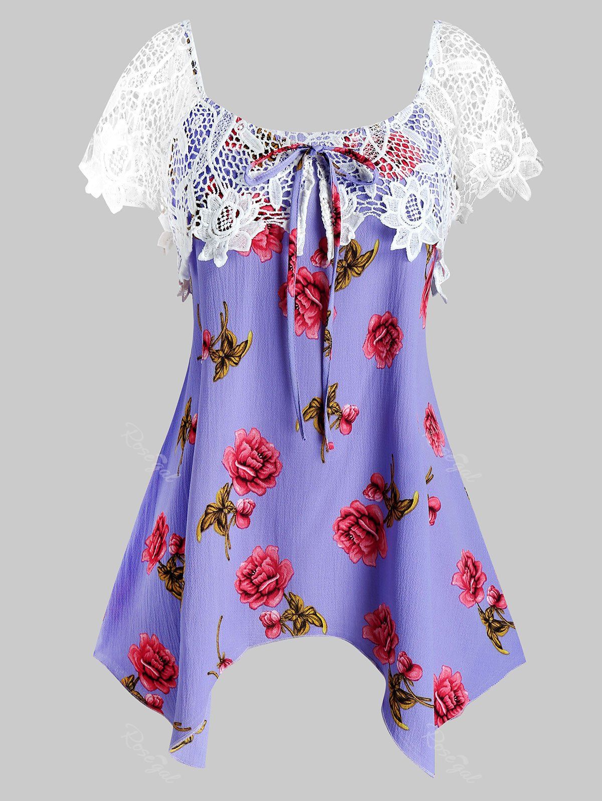 

Plus Size Lace Panel Flower Print Hanky Hem T Shirt, Purple mimosa