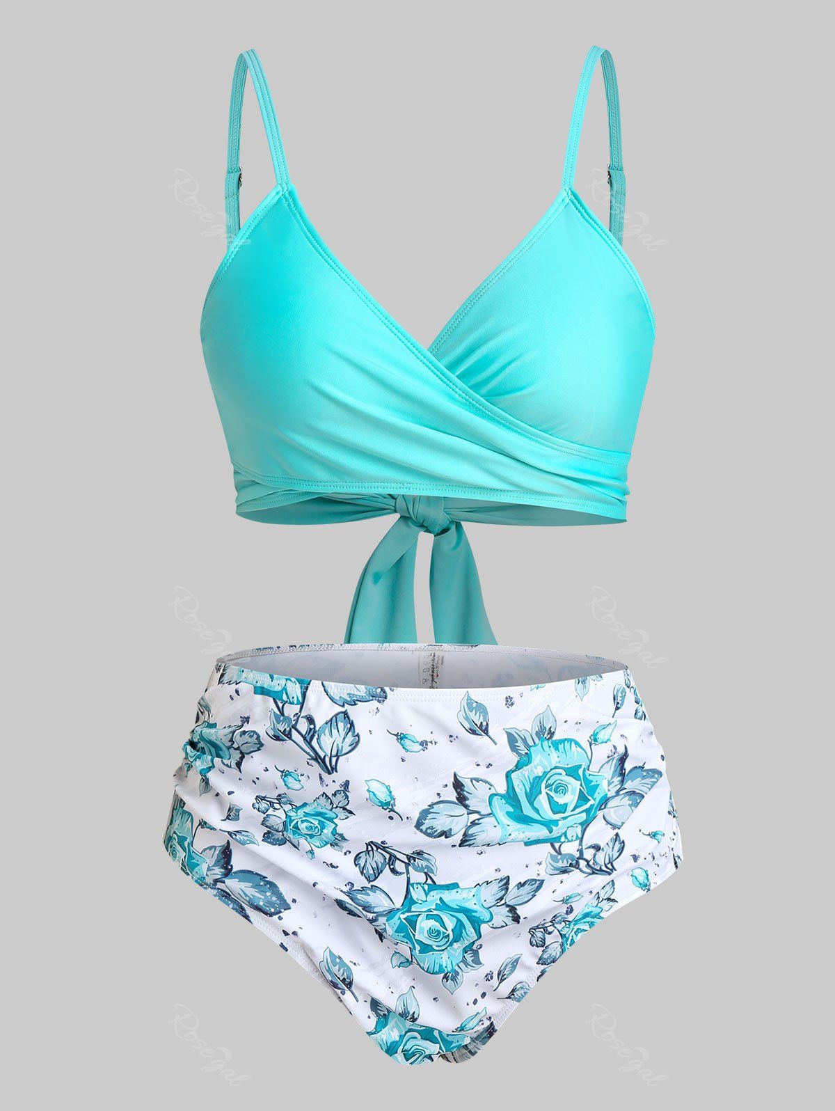 

Plus Size Back Tie Floral Print Wrap Bikini Swimwear, Light aquamarine