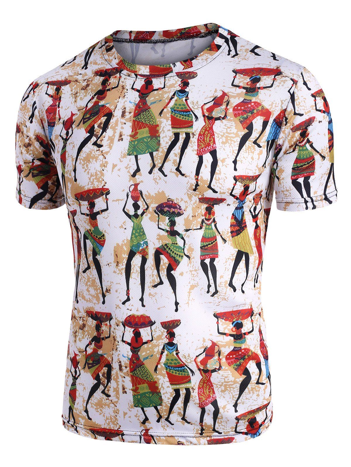 

Tribal Figure Print Crew Neck Retro T Shirt, Multi