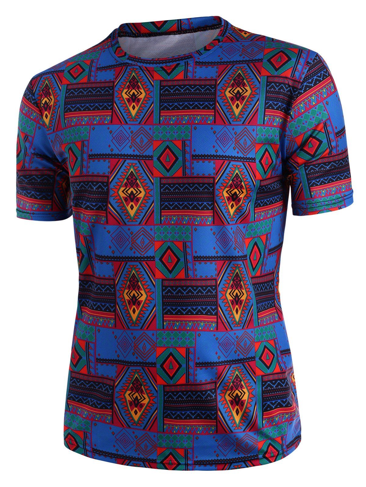 

Ethnic Rhombus Print Crew Neck T Shirt, Multi