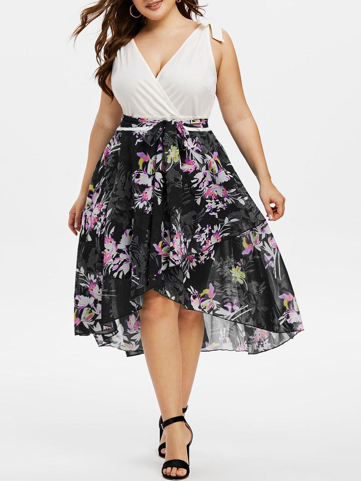 

Plus Size Floral Print Tie Shoulder Midi Dress, Black