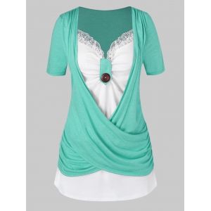 

Plus Size Crossover Two Tone Knotted T Shirt, Sea green