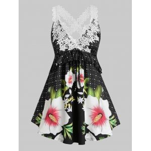 

Plus Size Lace Crochet Crisscross Floral Print Tank Top, Black