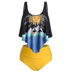 

Plus Size Sun and Wave Print Asymmetrical High Rise Tankini Swimwear, Rubber ducky yellow