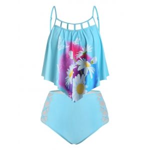 

Plus Size Lattice Cut Daisy Print Crisscross Tankini Swimwear, Deep sky blue