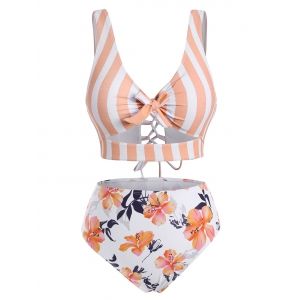 

Striped Floral Cutout Lace-up Knot Tankini Swimwear, Light salmon