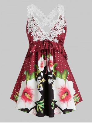 Plus Size Lace Crochet Crisscross Floral Print Tank Top