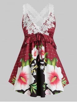 Plus Size Lace Crochet Crisscross Floral Print Tank Top - RED WINE - 2X