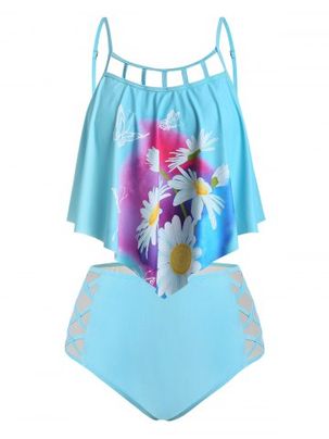 Plus Size Lattice Cut Daisy Print Crisscross Tankini Swimwear