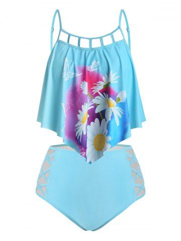 Plus Size Lattice Cut Daisy Print Crisscross Tankini Swimwear - DEEP SKY BLUE - 5X