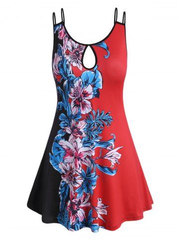 Más el tamaño de ojo de la cerradura de Colorblock impresión floral Cami - RED - L