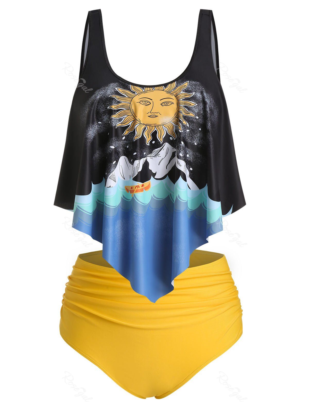 Store Plus Size Sun and Wave Print Asymmetrical High Rise Tankini Swimwear  
