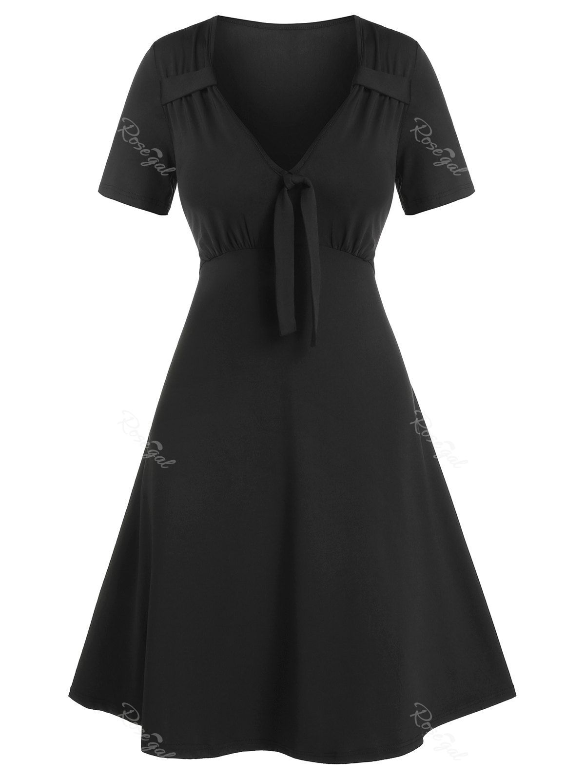 

Plain Front Knotted Short Sleeve A Line Dress, Black