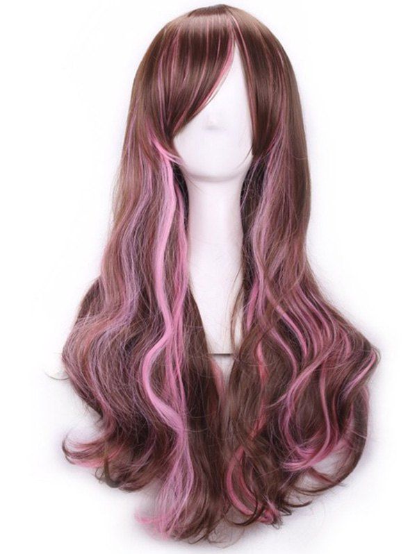 

Mixed Color Long Lolita Side Bang Wavy Synthetic Wig, Coffee