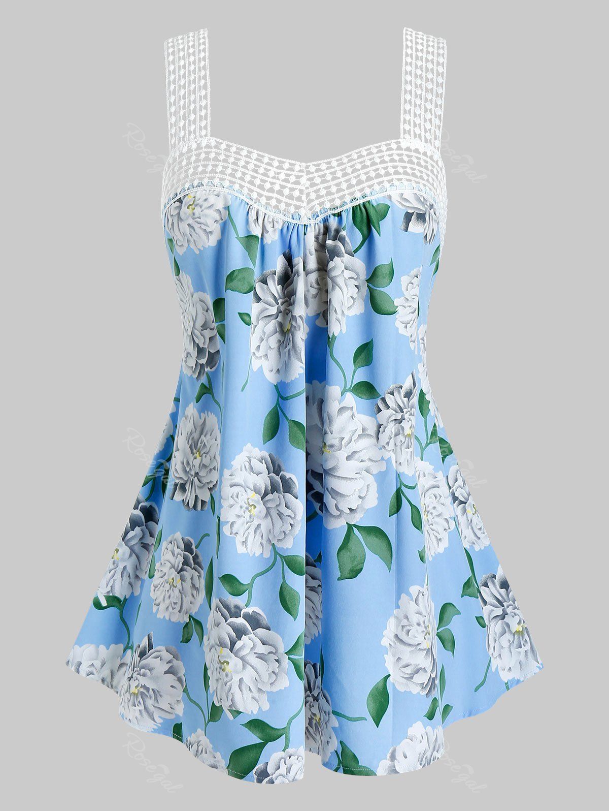 

Plus Size Flower Print Crochet Panel Backless Tunic Tank Top, Sky blue