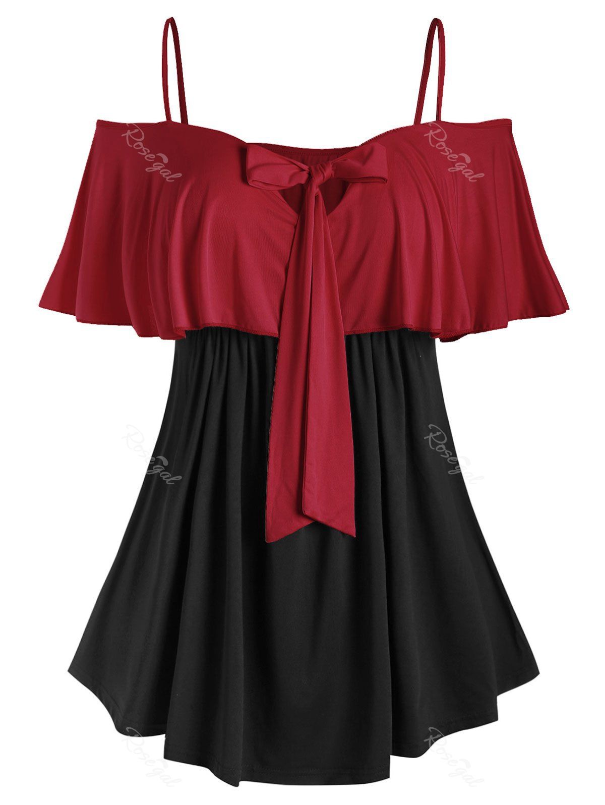 

Plus Size Two Tone Bowknot Ruffled T Shirt, Red wine