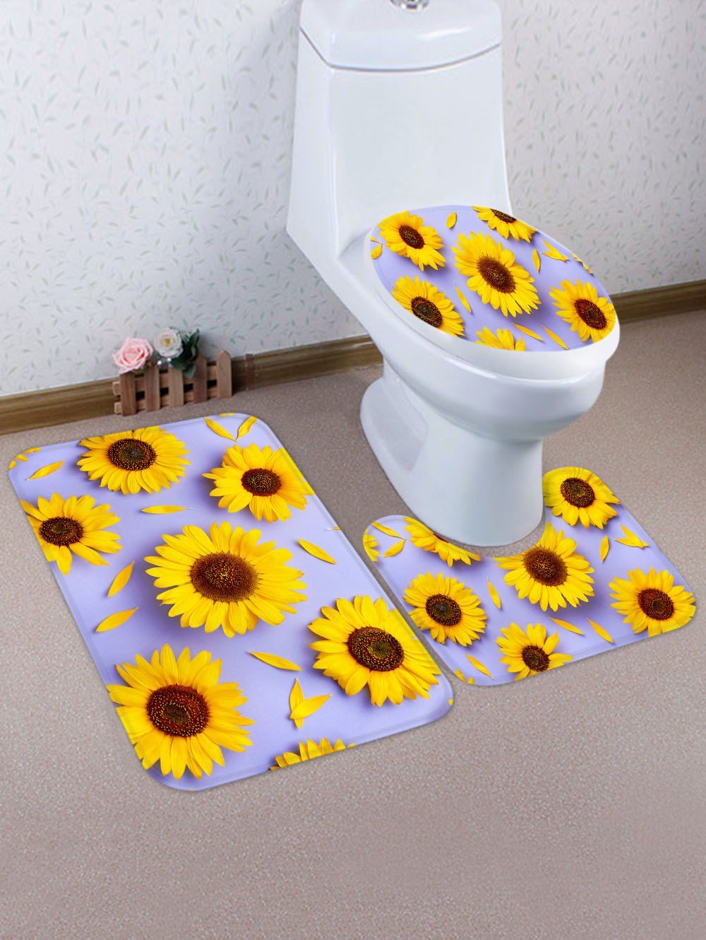 

Sunflower Pattern Pattern 3 Pcs Toilet Mat Set, Multi