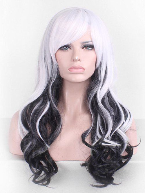 

Long Side Bang Wavy Lolita Mixed Color Cosplay Synthetic Wig, Black