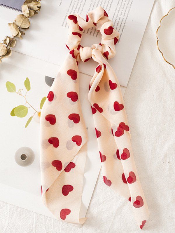

Heart Print Ribbon Elastic Hair Tie, Red wine