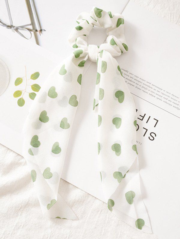 

Heart Print Ribbon Elastic Hair Tie, Green
