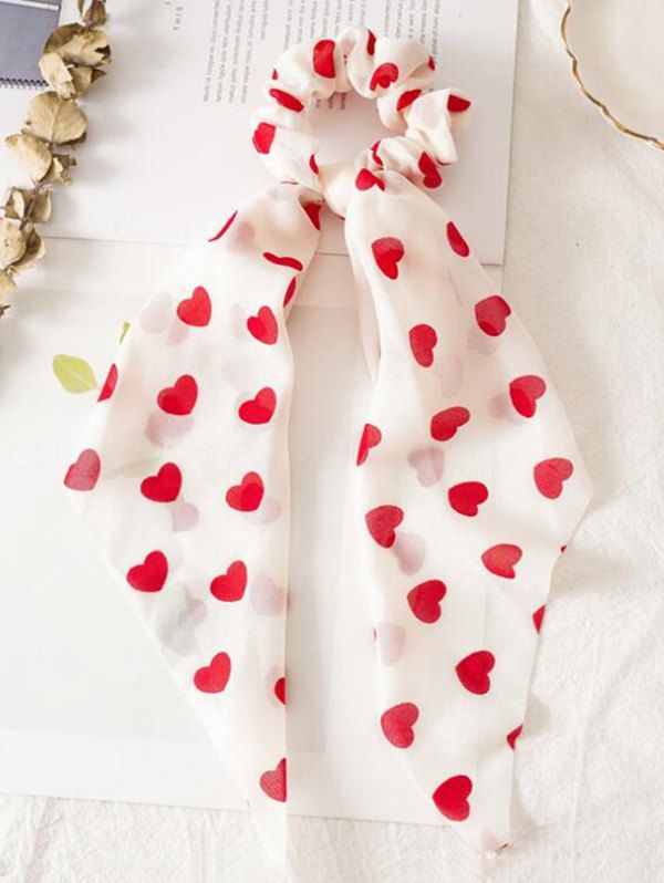 

Heart Print Ribbon Elastic Hair Tie, Red
