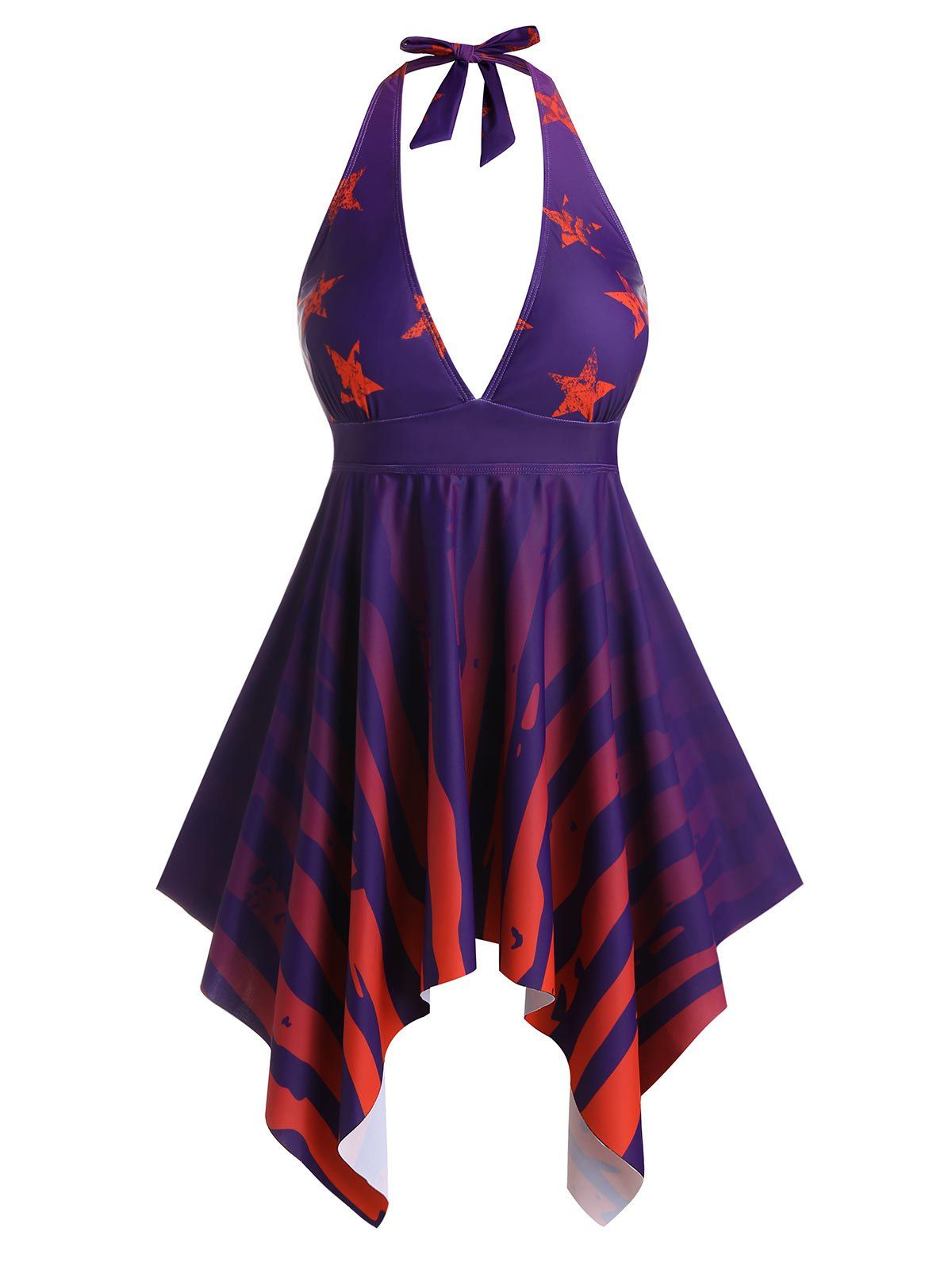 

Plus Size Star Striped Hanky Hem Halter Backless Tankini Swimwear, Multi