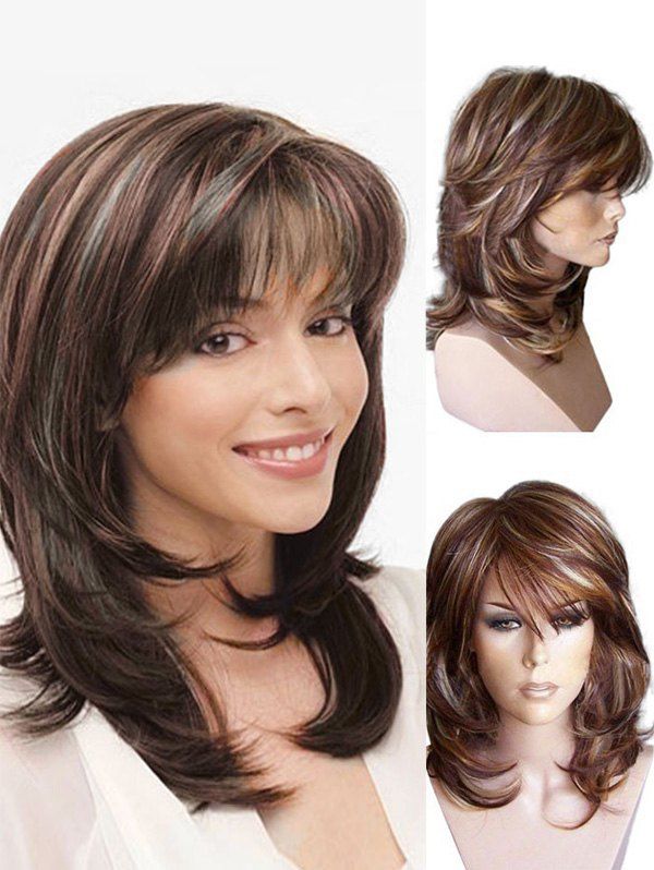 

Medium Color Mixing See-through Bang Wavy Synthetic Wig, Multi