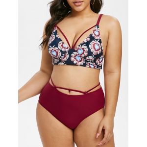 

Plus Size Flower Cutout High Waisted Tankini Swimwear, Red wine