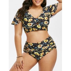 

Plus Size Floral Print High Rise Two Piece Swimwear, Goldenrod