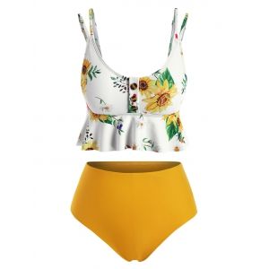 

Sunflower Ruffle Buttoned Tankini Swimwear, Bright yellow