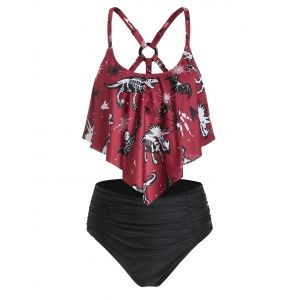 

Dinosaur Skeleton Print Ruched Padded Tankini Set, Deep red