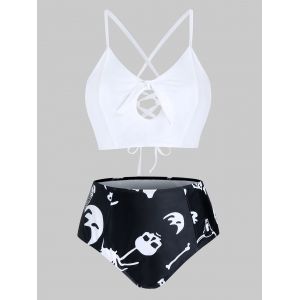 

Plus Size Skull Print Knotted Cross Lace Up Tankini Swimwear, Multi
